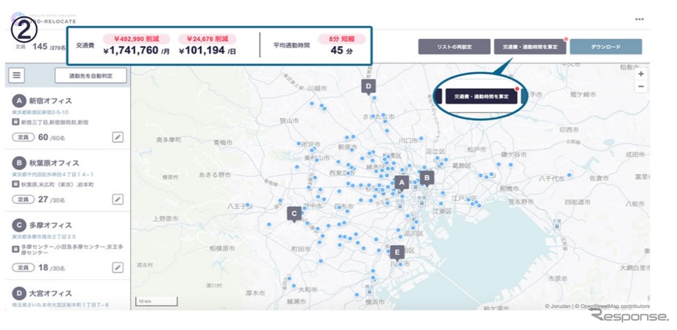 「通勤時間・通勤費」を選択するとコスト増減まで算出《画像提供 ジョルダン》