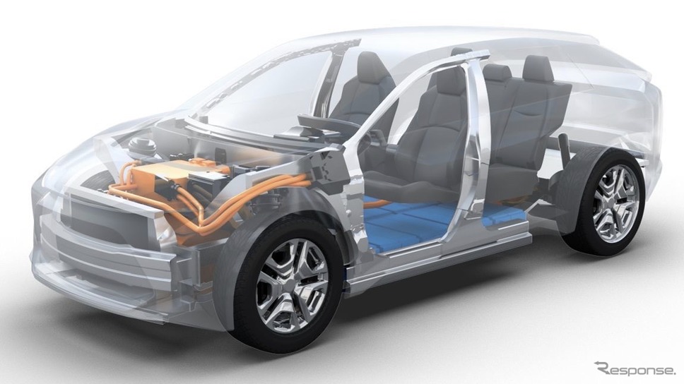 トヨタが欧州市場に投入する予定の新型電動SUV(フルEV)のティザーイメージ。この車台をスバルの新型EVと共有する《photo by Toyota》