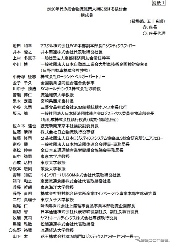 2020年代の総合物流施策大綱に関する検討会のメンバー《資料提供 国土交通省》