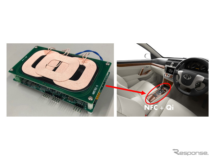 ワイヤレス充電機能一体型のデジタルキー認証モジュール(左)を自動車のセンターコンソールなどに組み込んで使用する(右)《画像提供 大日本印刷》