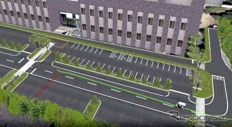 ビジュアライザーを用い、自動運転車両の駐車場内での経路情報などを明示(上図はKICK駐車場を再現したもの)《画像提供 日本信号》