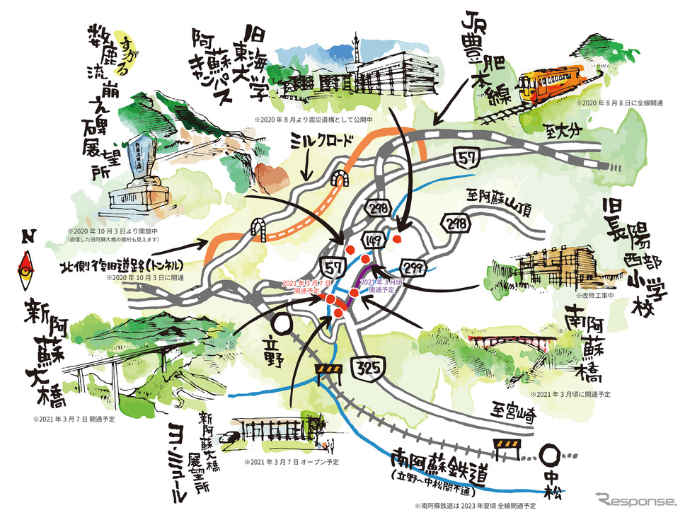 新阿蘇大橋エリア 復興イラストマップ《画像提供 阿蘇広域観光連盟》
