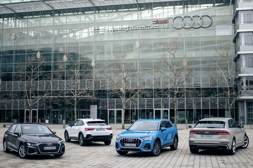 アウディの新世代PHV。左から新型A3スポーツバック、Q3スポーツバック、新型Q3、Q8《photo by Audi》