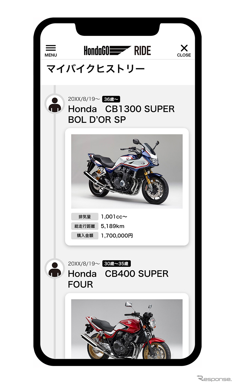 マイバイクヒストリー画面イメージ《写真提供 本田技研工業》