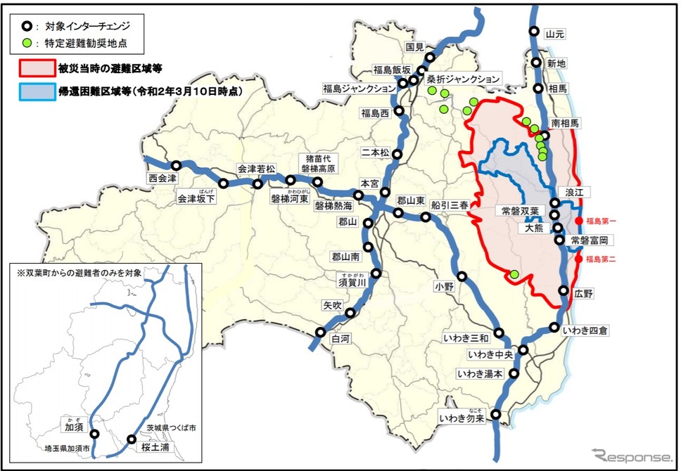 原発事故による高速道路の無料措置対象インターチェンジ《資料提供 国土交通省》