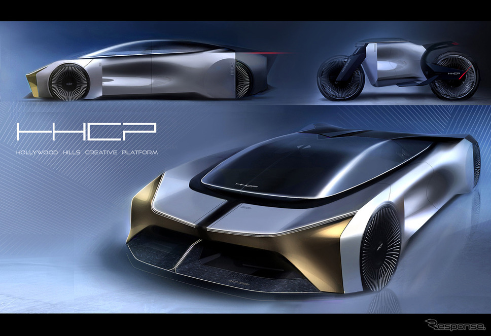 「ハリウッドヒルズ・クリエイティブ・プラットフォーム＝HHCP」が自主プロジェクトとして行ったハイパースポーツEVの提案スケッチ。スポーツカーとバイクをセットでデザインしている。《写真提供 SNデザインプラットフォーム》