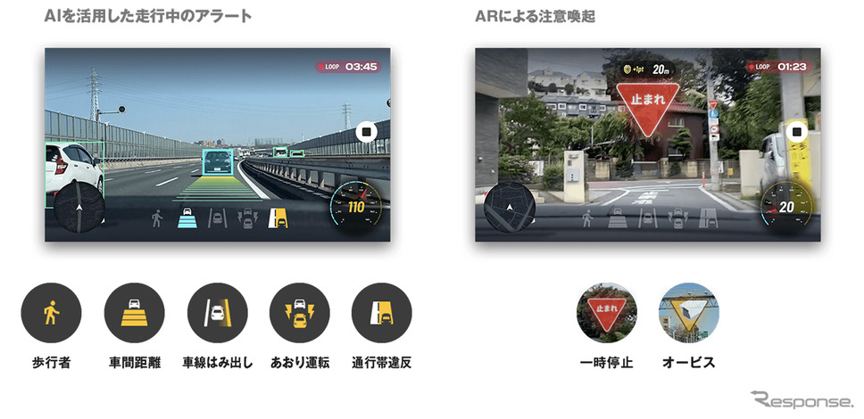 AIを活用した走行中のアラート(左)/ARによる注意喚起(右)《写真提供 ナビタイムジャパン》