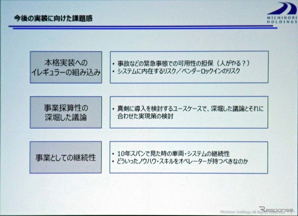 みちのりホールディングスがまとめた社会実装に向けた課題《写真撮影 会田肇》