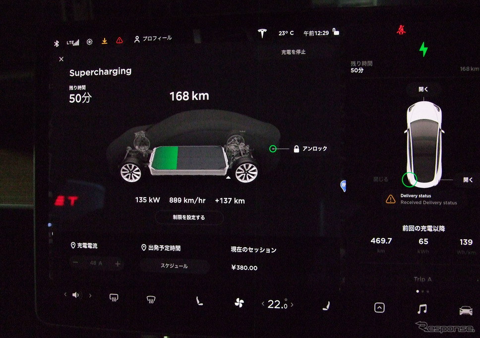 充電後10分経過時。137kmぶん充電されているという表示。《写真撮影 井元康一郎》