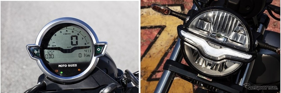 イーグルの姿を連想させるフルデジタル丸形シングルダイアル（左）とLEDヘッドライト《写真提供 ピアッジオグループジャパン》