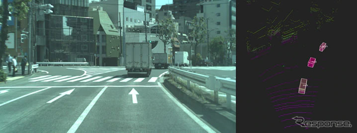 車両検出画像サンプル（左：ステレオカメラ出力画像、右：検出結果イメージ）《写真提供 ZMP》