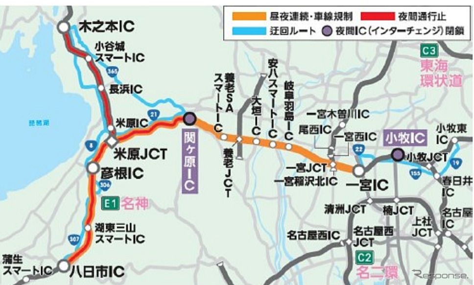 集中工事実施区間と迂回ルート《図版提供 中日本高速道路》