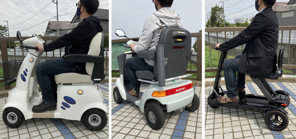 さまざまな電動カート。左から「てくてっくん」「スズキ セニアカー」「Relync」《写真提供 口笛》