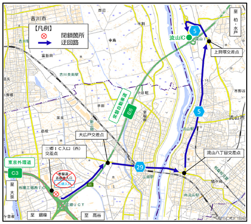 迂回路 国道298号から常磐自動車道 下り線 柏・水戸方面へ向かう場合《図版提供 NEXCO東日本》