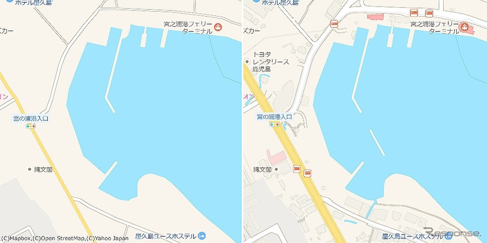 屋久島宮之浦港(鹿児島県)/屋久島の海の玄関口、宮之浦港。フェリーターミナルの周辺のバス停も表示している《写真提供 ヤフー》