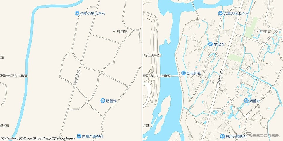 白川郷(岐阜県)/世界文化遺産に登録され、大小100棟あまりの合掌造りが残る集落には、山からの湧き水を田んぼに送る水路も地図上に可視化している《写真提供 ヤフー》