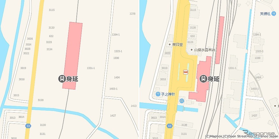 身延駅周辺(山梨県)/地方都市でも、駅前広場や線路、水路なども詳細になり、建物の地番も掲載している《写真提供 ヤフー》