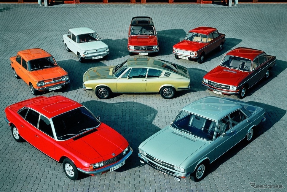 1971年の製品レインジ:NSU Ro 80、アウディ100、100クーペS、ヴアリアント、NSUプリンツ4、TT。すべて「Vorsprung durch Technik」を体現していた。《photo by Audi》