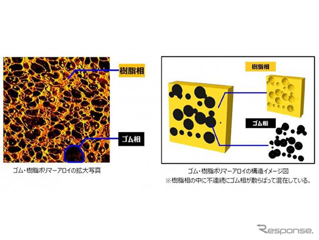 ゴム・樹脂ポリマーアロイの拡大写真（左）と構造イメージ図（右）《写真提供 横浜ゴム》