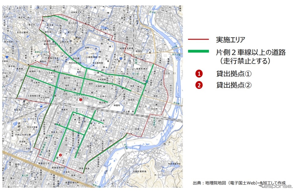 E-KONが認定されたヘルメット着用任意の電動キックボード実証サービスのエリア《画像提供 経済産業省》