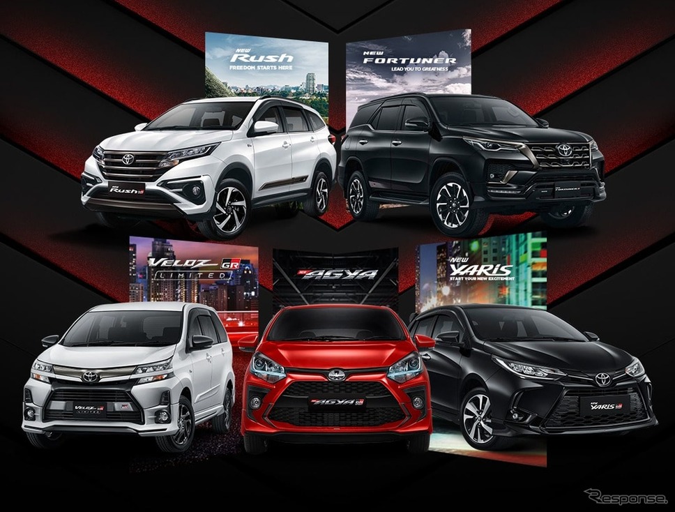トヨタの「GR」5車種。左上からラッシュ GR スポーツ、フォーチュナー GR スポーツ、ヴェロッツ GR リミテッド、アギア GR スポーツ、ヤリス(アジア仕様)GRスポーツ《photo by Toyota》