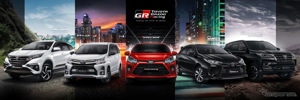 トヨタの「GR」5車種。左からラッシュ GR スポーツ、ヴェロッツ GR リミテッド、アギア GR スポーツ、ヤリス(アジア仕様)GRスポーツ、フォーチュナー GR スポーツ《photo by Toyota》