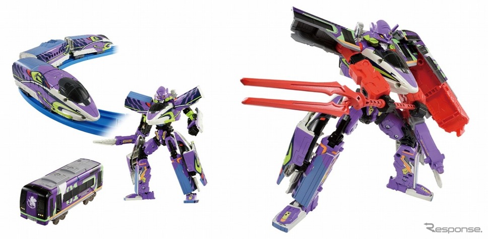 (左)「新幹線500 TYPE EVA」※レール別売り/「シンカリオンZ 500 TYPE EVA」/「ザイライナー ミュースカイ TYPE EVA」、(右)「ザイライナー ミュースカイ TYPE EVA」とZ合体した「シンカリオンZ 500 ミュースカイ TYPE EVA」(c)TOMY (c)プロジェクト シンカリオン・JR-HECWK/超進化研究所Z・TX (c)カラー