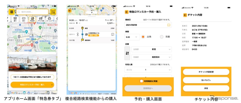 「EMot」で特急ロマンスカーを購入するフロー《画像提供 小田急電鉄》