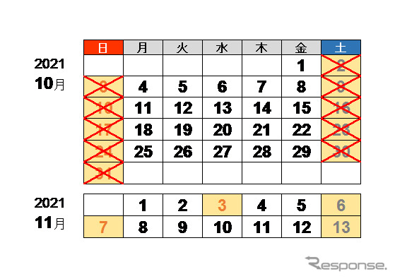 2021年10月の休日割引適用日《図版提供 国土交通省》