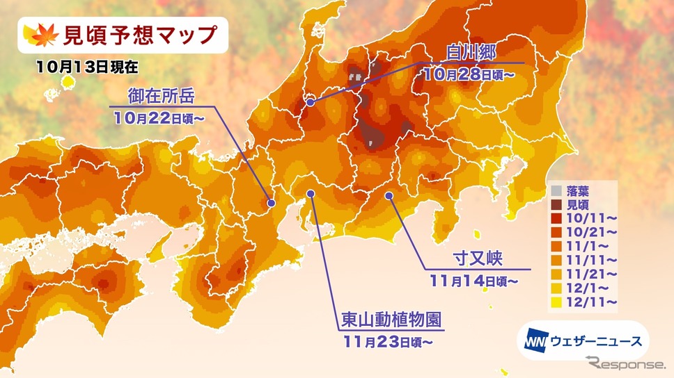 エリア別の紅葉見頃予想《資料提供 ウェザーニューズ》