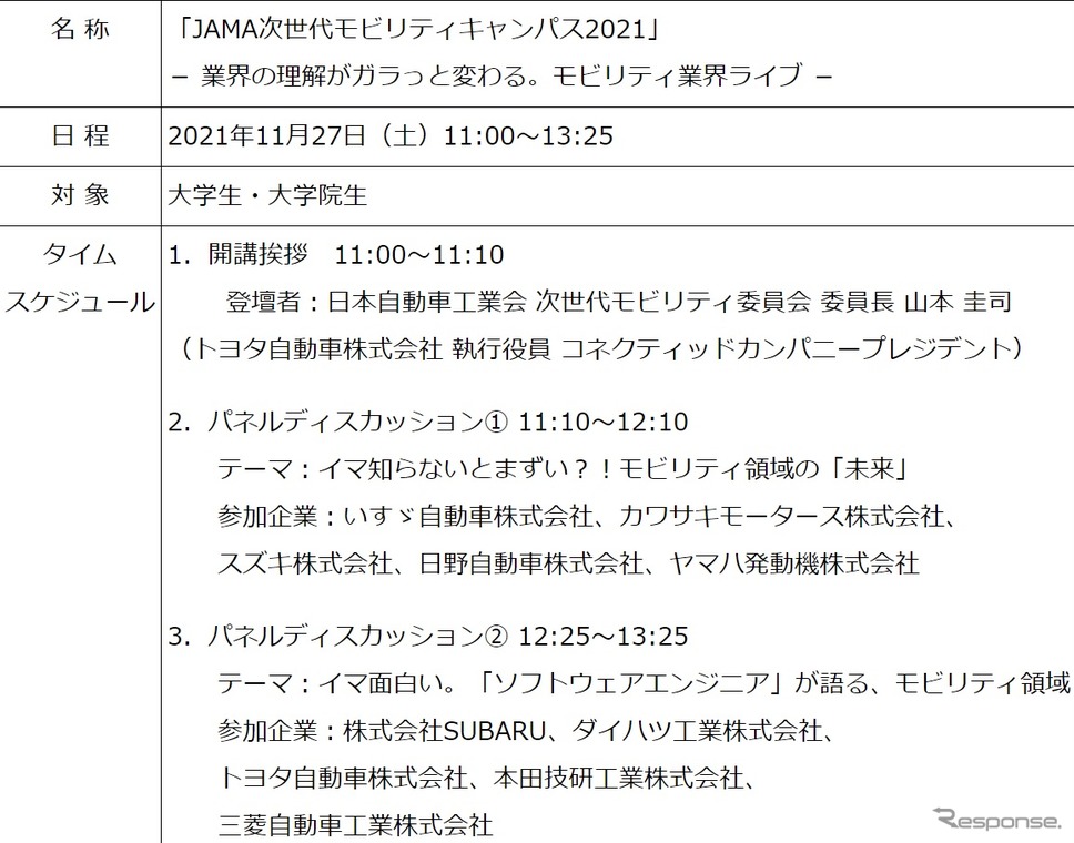 JAMA次世代モビリティキャンパス2021の概要《資料提供 日本自動車工業会》