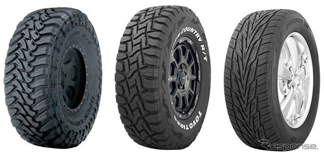 カスタムカーに装着する当社製タイヤの一例。左からOPEN COUNTRY M/T、OPEN COUNTRY R/T、PROXES ST IIII《写真提供 TOYO TIRE》
