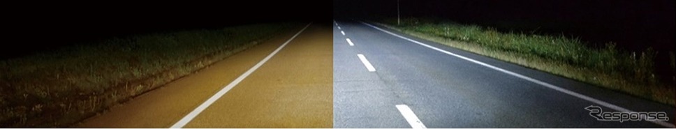 左：交換前（ハロゲンバルブ点灯時）、右：交換後（LEDバルブ点灯時）《写真提供 オートバックスセブン》