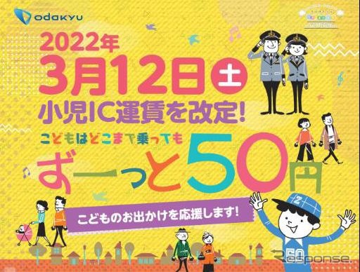 3月12日からの開始を告知する子供運賃一律50円化のポスター。《資料提供 小田急電鉄》