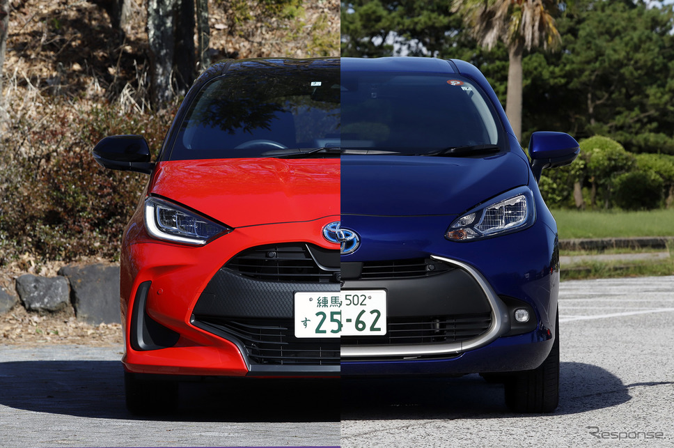 トヨタ ヤリスハイブリッド(左)とアクア(右)。そのデザイン・居住性・使い勝手を比較。《写真撮影 小林岳夫》