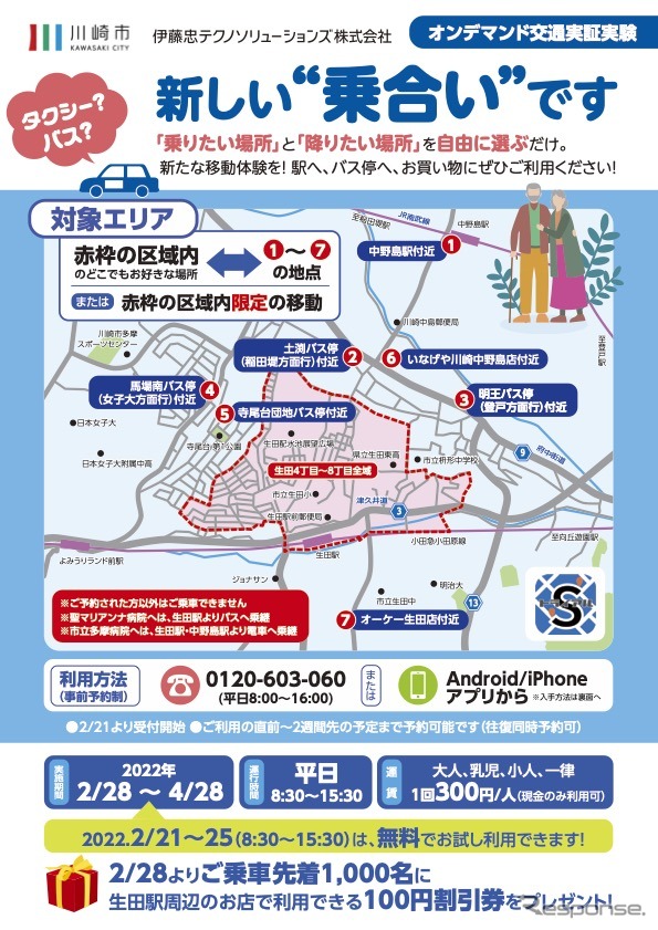 生田山の手オンデマンド交通実証実験(チラシ)《画像提供 伊藤忠テクノソリューションズ》
