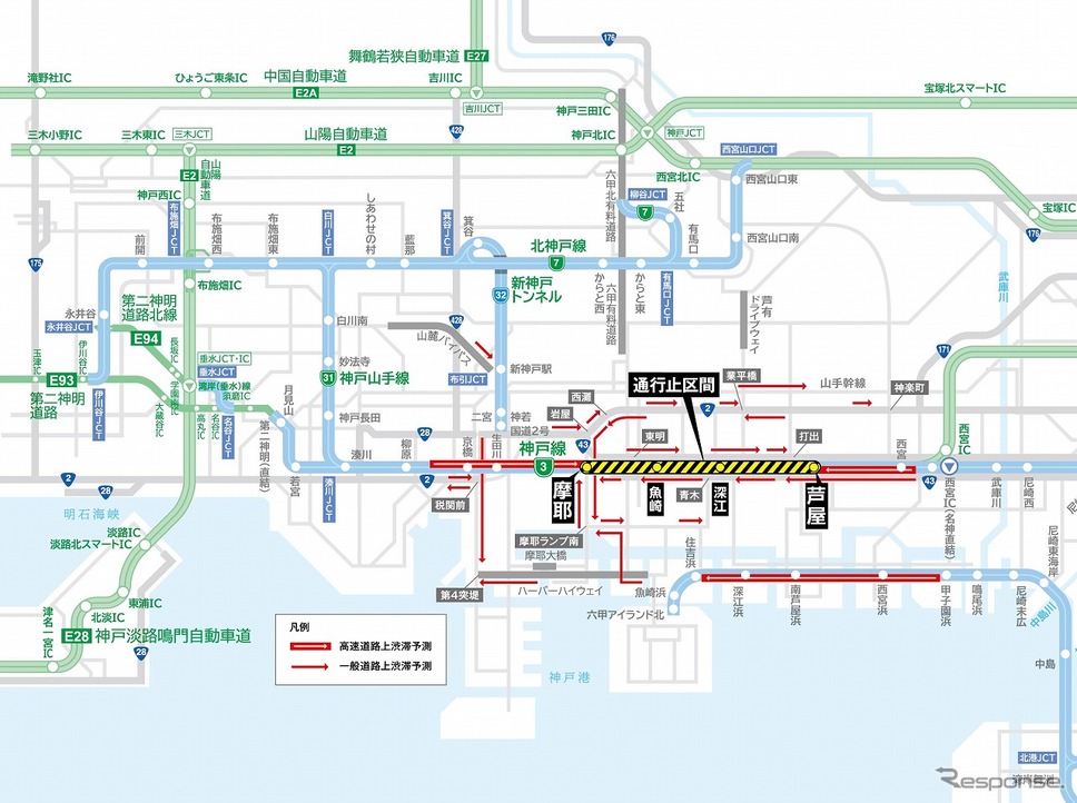 阪神高速道路・他の高速道路・一般道　主要渋滞予測図《画像提供 阪神高速道路》