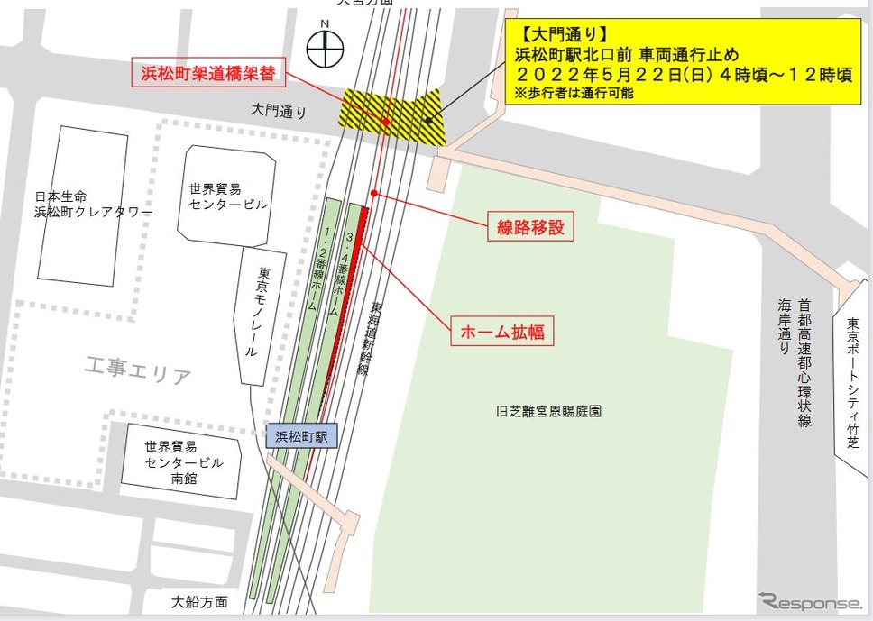 浜松町架道橋架け替えのため車両通行止めとなる大門通り。《資料提供 東日本旅客鉄道東京支社》