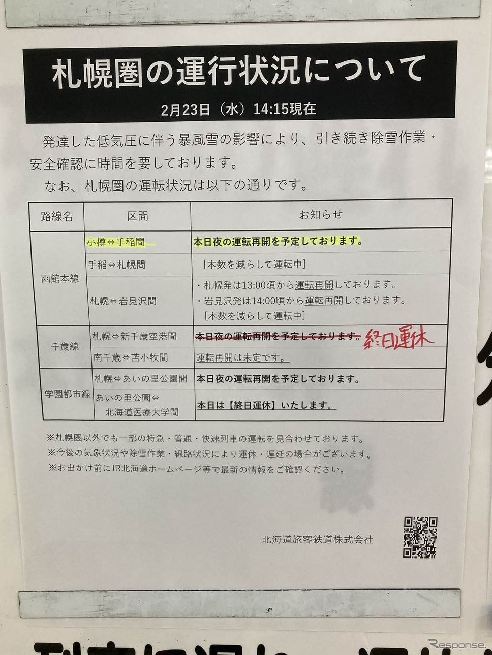2022年2月23日、小樽駅の掲示。札幌〜新千歳空港間は14時15分時点で上り列車の終日運休が決まっていた。《写真撮影 佐藤正樹》