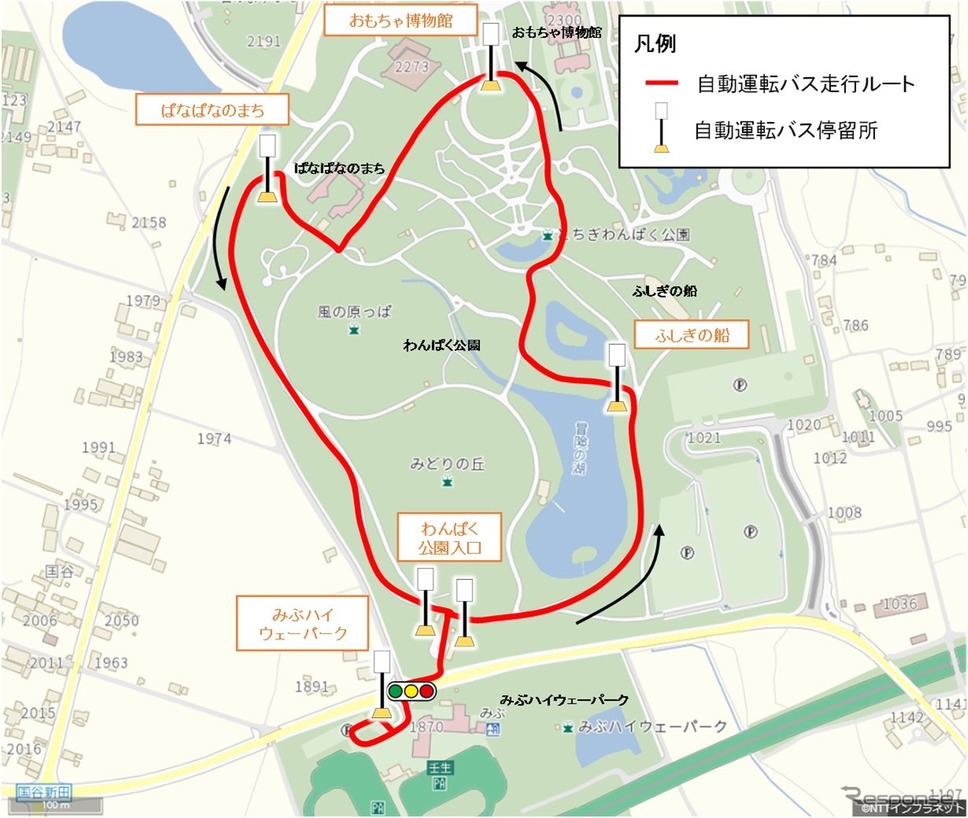 ??ルート: みぶハイウェーパークを基点に、わんぱく公園内の「ふしぎの船」、「おもちゃ博物館」、「ぱなぱなのまち」等を経由する周回ルート(約2.2km)《画像提供 日本工営》