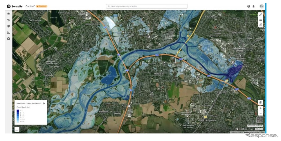 2021年7月にドイツで発生した洪水（(人工衛星による高解像度水フットプリント）《画像提供 あいおいニッセイ同和損害保険》