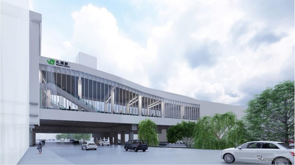創成川に西側に建設される北海道新幹線札幌駅舎のイメージ。省エネ対応の環境に優しい駅を目指すとしている。《画像提供 北海道旅客鉄道》