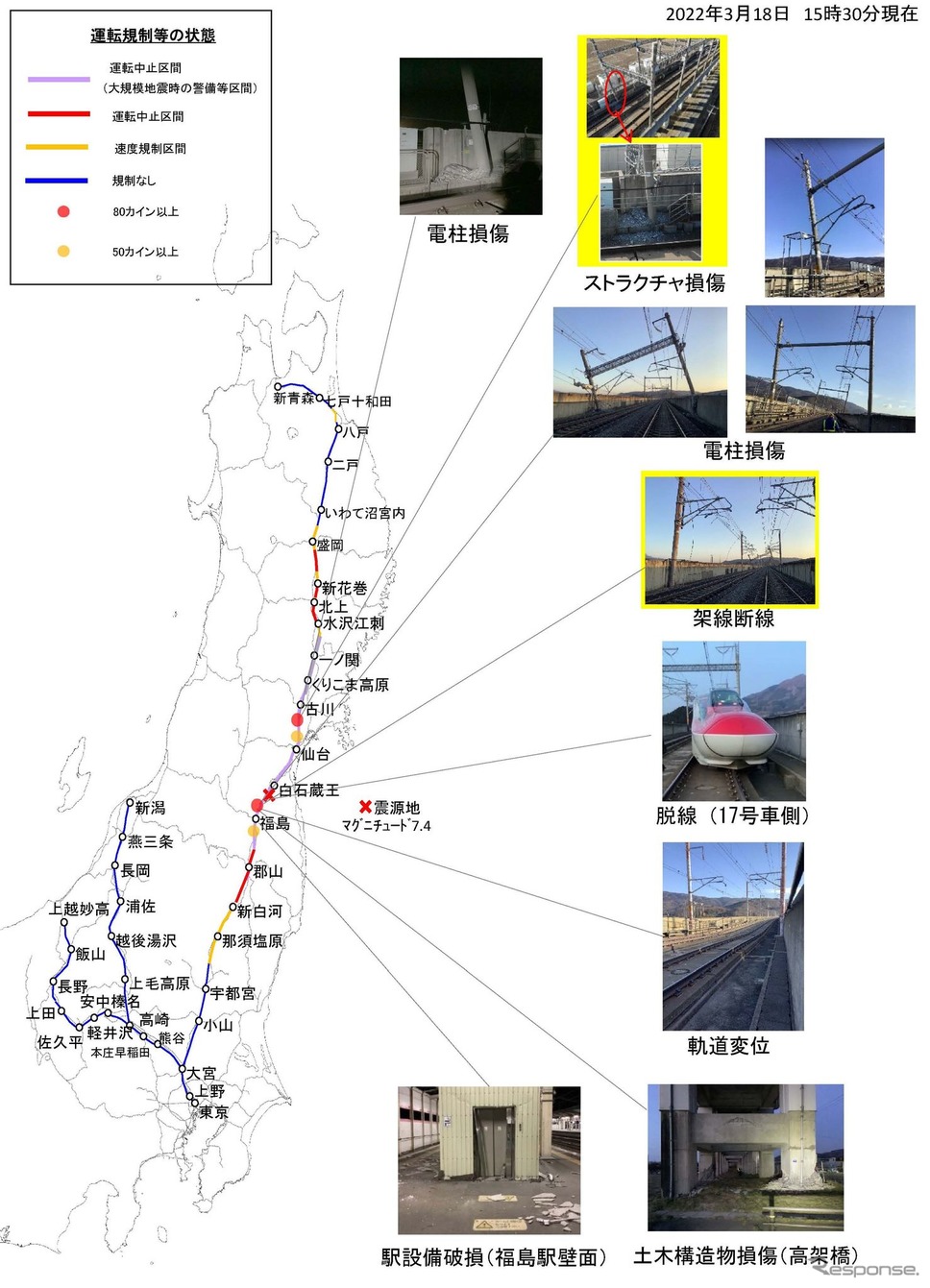 3月18日15時30分時点で確認されている被災状況。《資料提供 東日本旅客鉄道》