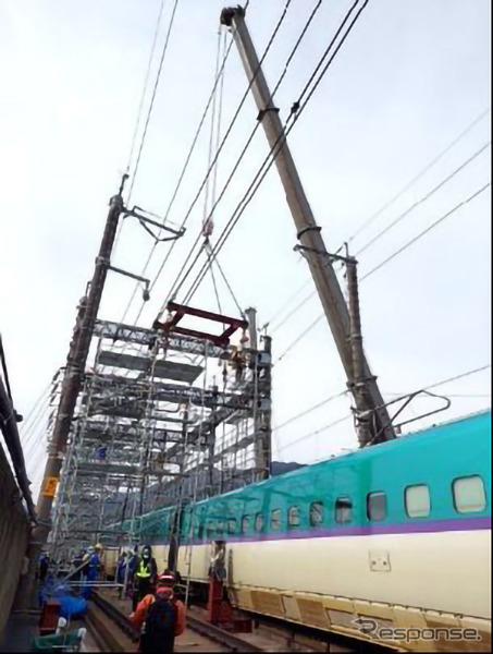 脱線車両の復旧作業。《写真提供 東日本旅客鉄道》