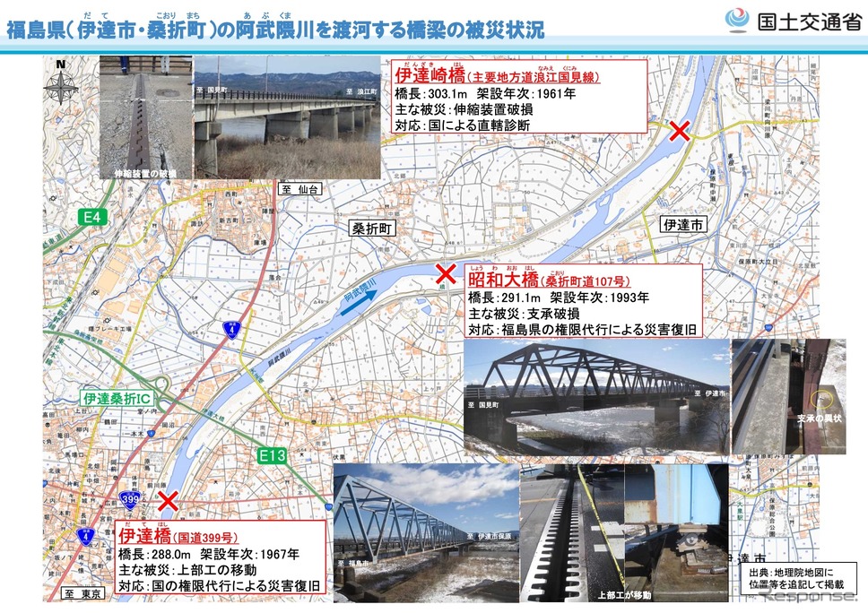 福島県の阿武隈川を渡河する橋梁の被災状況《資料提供 国交省》