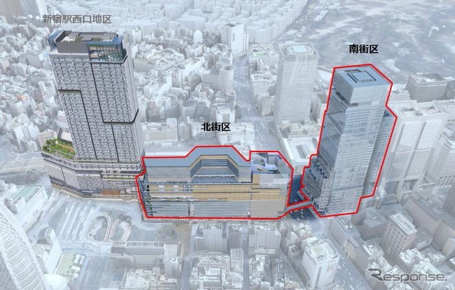 新宿駅西南口再開発位置を示す俯瞰イメージ。《資料提供 東日本旅客鉄道、京王電鉄》