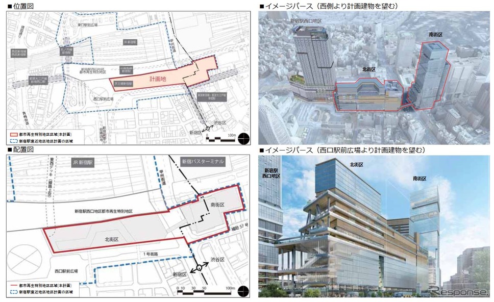 新宿駅西南口再開発の位置図と配置図。《資料提供 東日本旅客鉄道、京王電鉄》