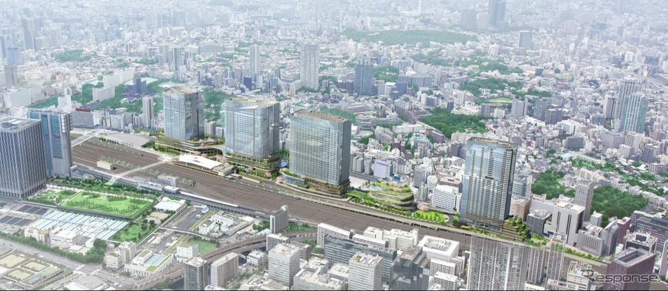 仮称「高輪ゲートウェイシティ」の全体イメージ。左から複合棟1South、複合棟1North、複合棟2、文化創造棟、住宅棟の順に並ぶ。《資料提供 東日本旅客鉄道》