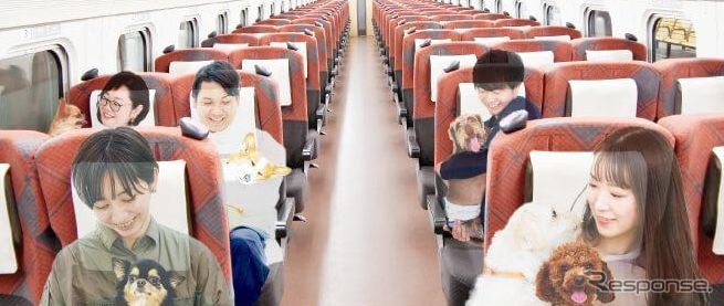 ペットを膝の上かカバーが掛かったシート上に置くことができる新幹線ペット専用列車のイメージ。《写真提供 東日本旅客鉄道、JR東日本スタートアップ、西武ホールディングス、株式会社PETOKOTO、JR東日本びゅうツーリズム＆セールス》