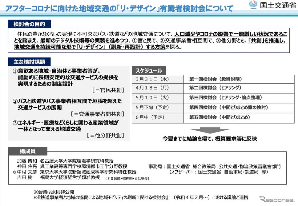 アフターコロナに向けた地域交通のリ・デザイン有識者検討会の概要《資料提供 国交省》